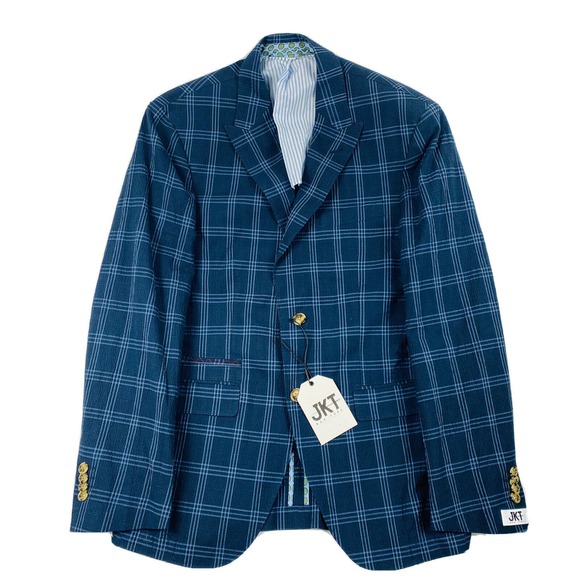 JKT New York Blue Windowpane Checked Cotton Seersucker Blazer Size 36R NWT - Picture 1 of 6